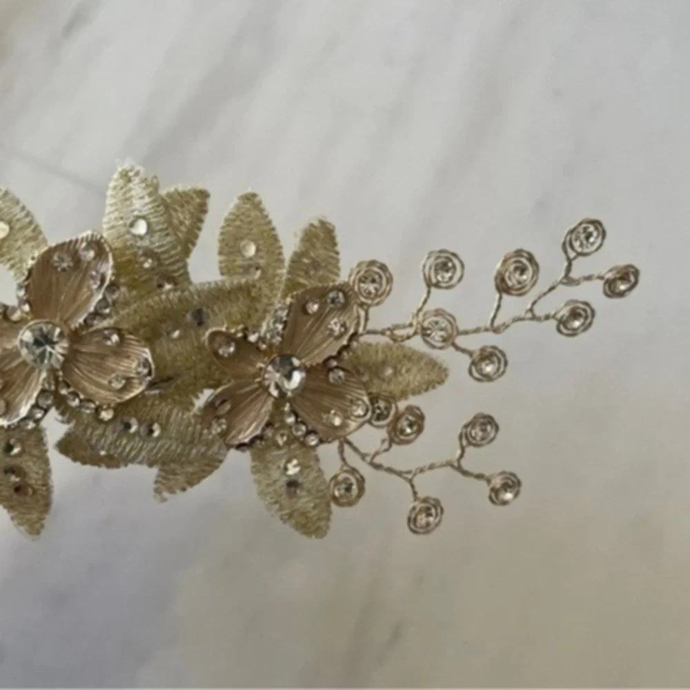 Wedding Hair Clip with Crystals, Metallic Flowers & Leaves​​​​